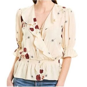 JOIE Ottoline Ivory Poppy Floral Print  Ruffle V-neck Blouse Top Size S NWT $248